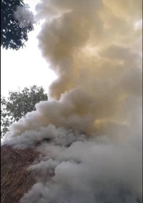 গোলাপগঞ্জে খড়ের গাঁদিতে ভয়াবহ অগ্নিকাণ্ড, অল্পের জন্য রক্ষা পেল বসতঘর